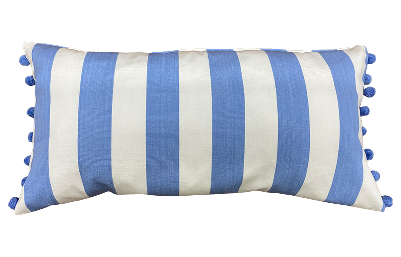  Sky Blue and White Striped Oblong Cushions with Bobble Fringe 